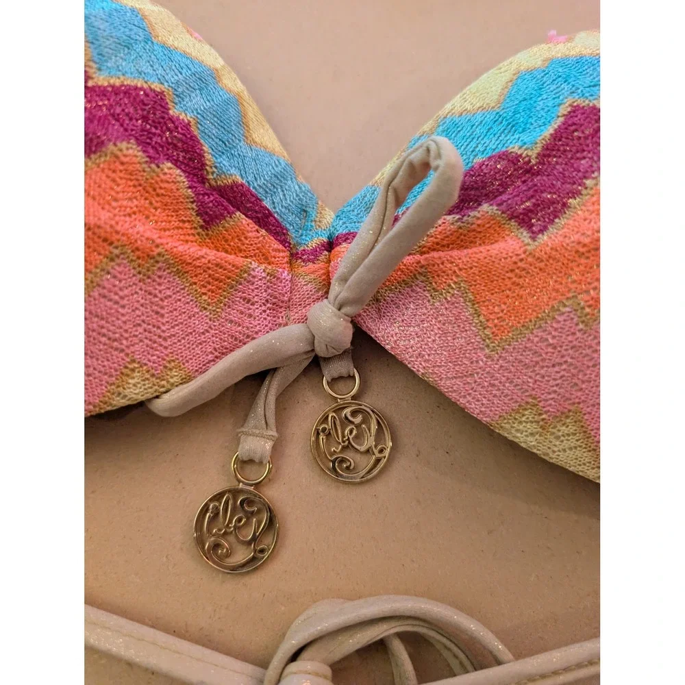 Luli Fama Crochet Chevron Push Up Bikini Top Multicolor Halter Swimwear Boho L